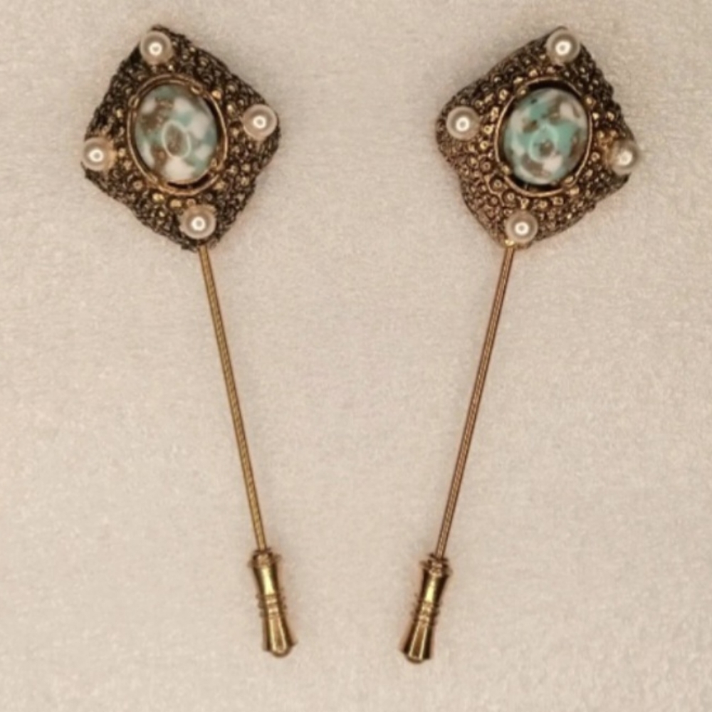 (2) Vintage Sarah Coventry Faux Turquoise Pearls Remembrance Brooch Stick Pins